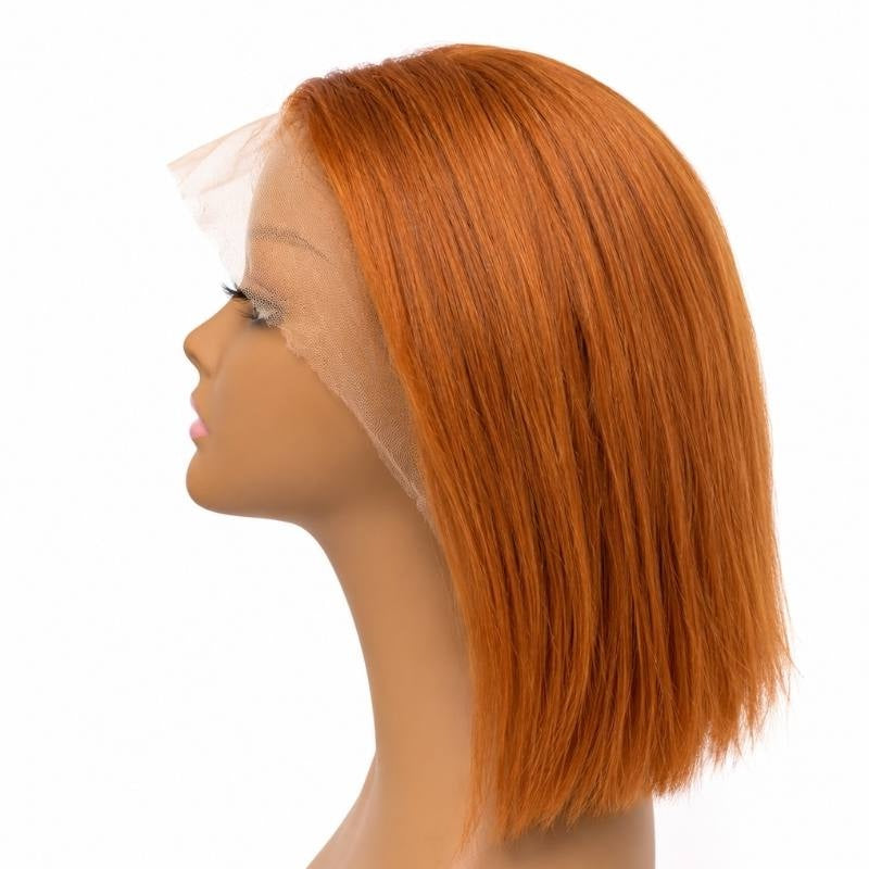 Side profile of a straight cinnamon orange ginger bob human hair wig on a mannequin head with the transparent lace uncut at the front