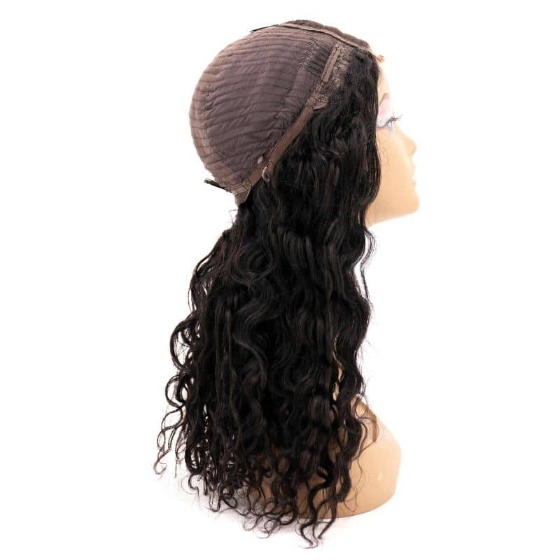Human Hair Wig - Beach Wave 4x4 Transparent Lace Closure Wig - Natural Black (1B) - side view showing cap