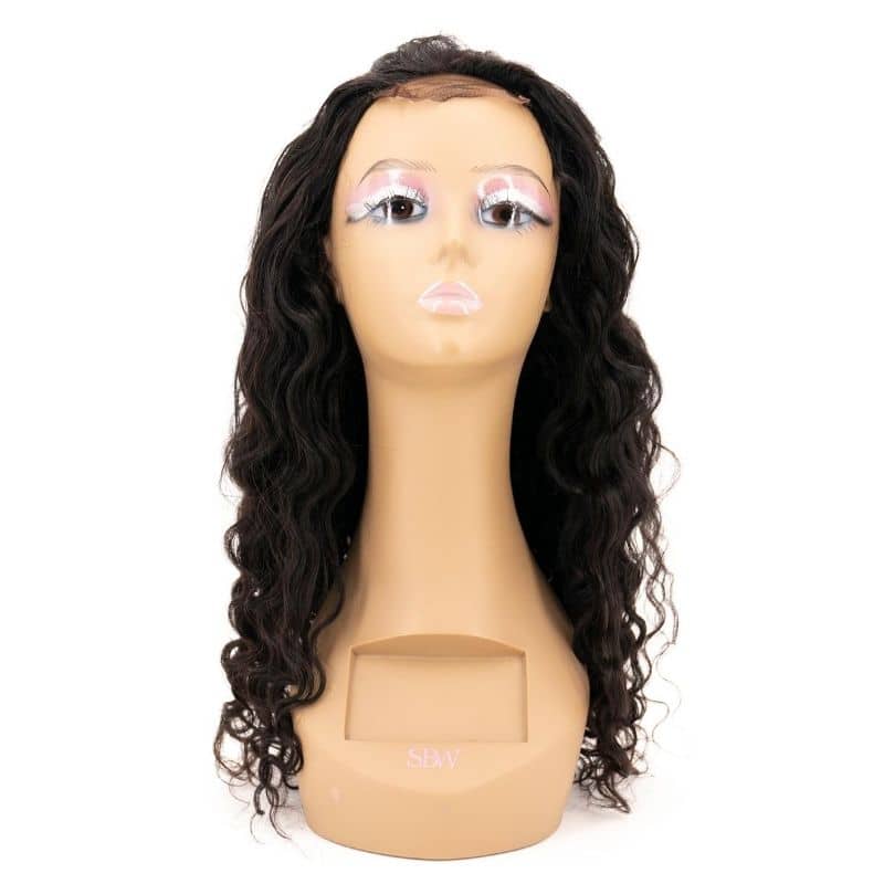 Human Hair Wig - Beach Wave 4x4 Transparent Lace Closure Wig - Natural Black (1B) - front view on mannequin