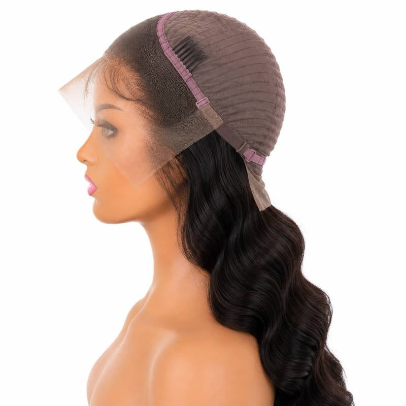 Body wave natural black human hair wig on a mannequin with the cap folded back to show the lace front, a side comb and adjustable strap