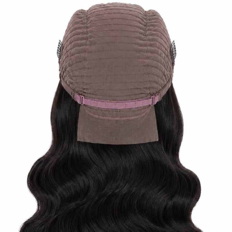 Inside back of the cap on a body wave natural black human hair wig showing side combs, the adjustable strap and the mesh nape panel