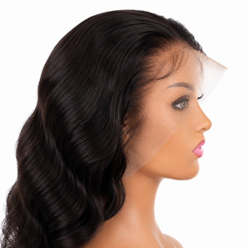 Body wave natural black human hair wig on a mannequin in profile showing the uncut lace and fine hairline knots at the temple