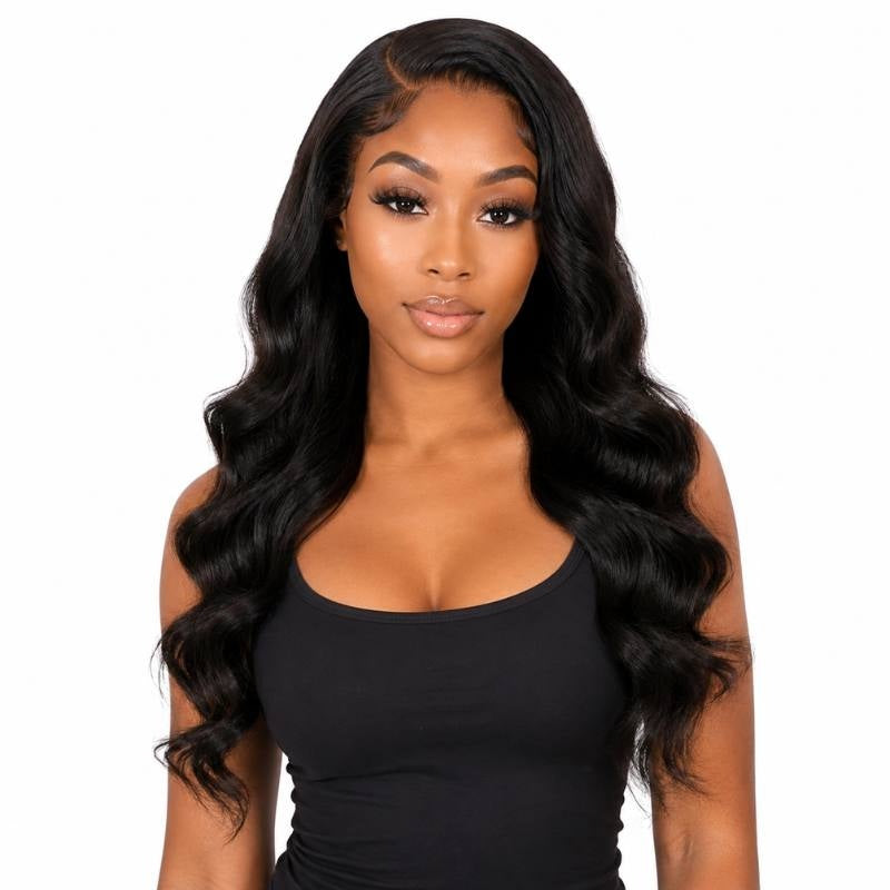 Model facing forward in a black tank wearing a long body wave natural black human hair wig with a side part and loose S waves