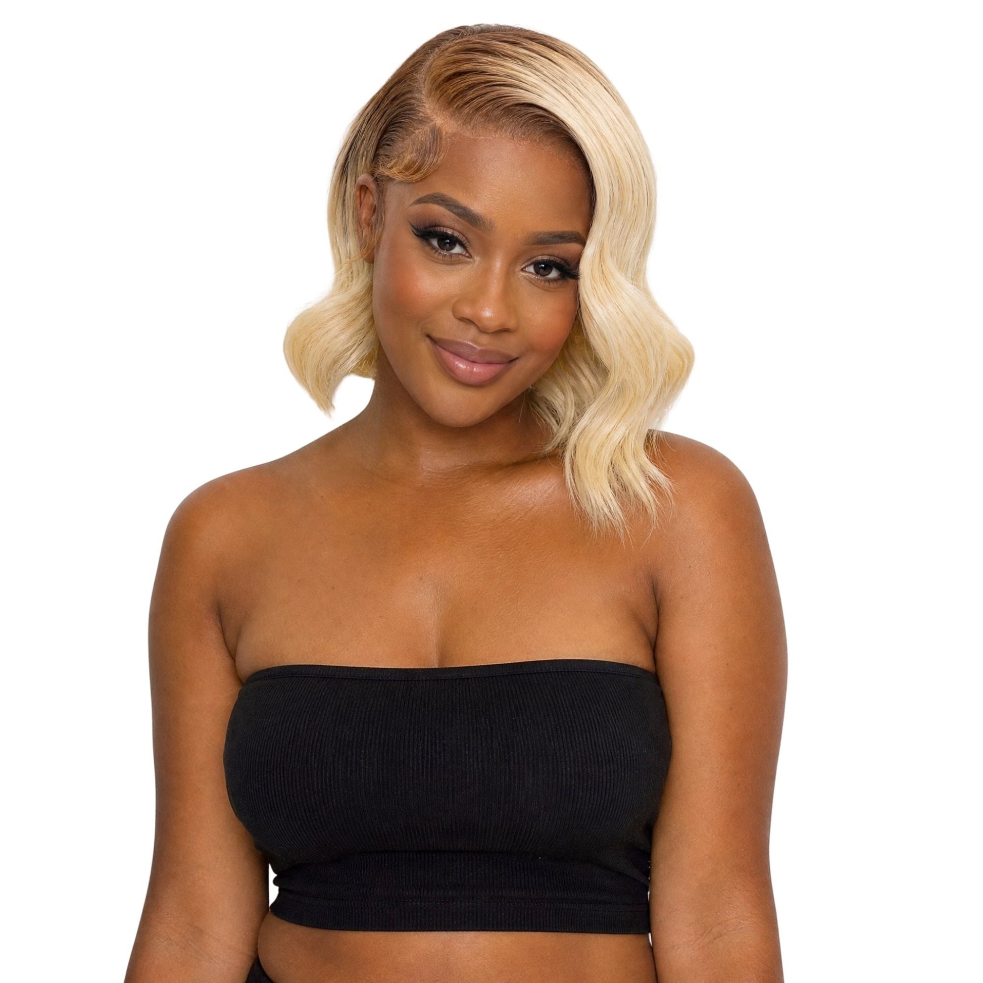Body Wave 13x4 Transparent Lace Front Bob Wig - Chocolate Brown / Honey Blonde Ombre (4/27) - front view on model