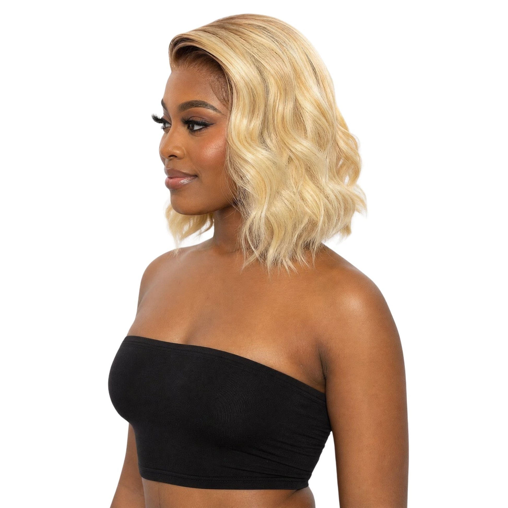 Body Wave 13x4 Transparent Lace Front Bob Wig - Chocolate Brown / Honey Blonde Ombre (4/27) - side profile on model