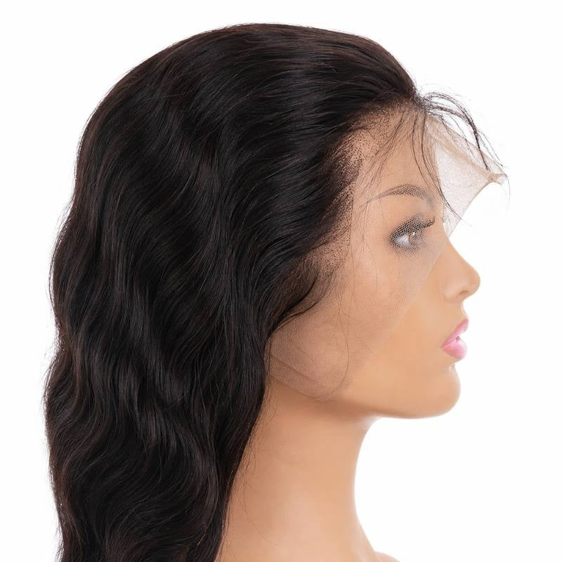 Body wave natural black human hair wig on a mannequin in profile on white showing the lace front and the wave pattern down the length