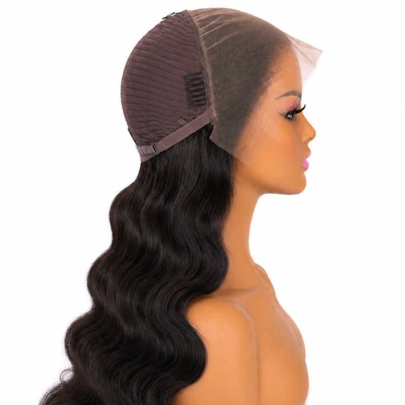 Body wave natural black human hair wig on a mannequin with the cap folded back to reveal the deep lace front, a comb and the wefted dome