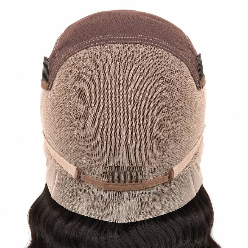 Inside back of the cap on a body wave natural black human hair wig showing the full lace mesh, two side combs and a nape comb on the strap