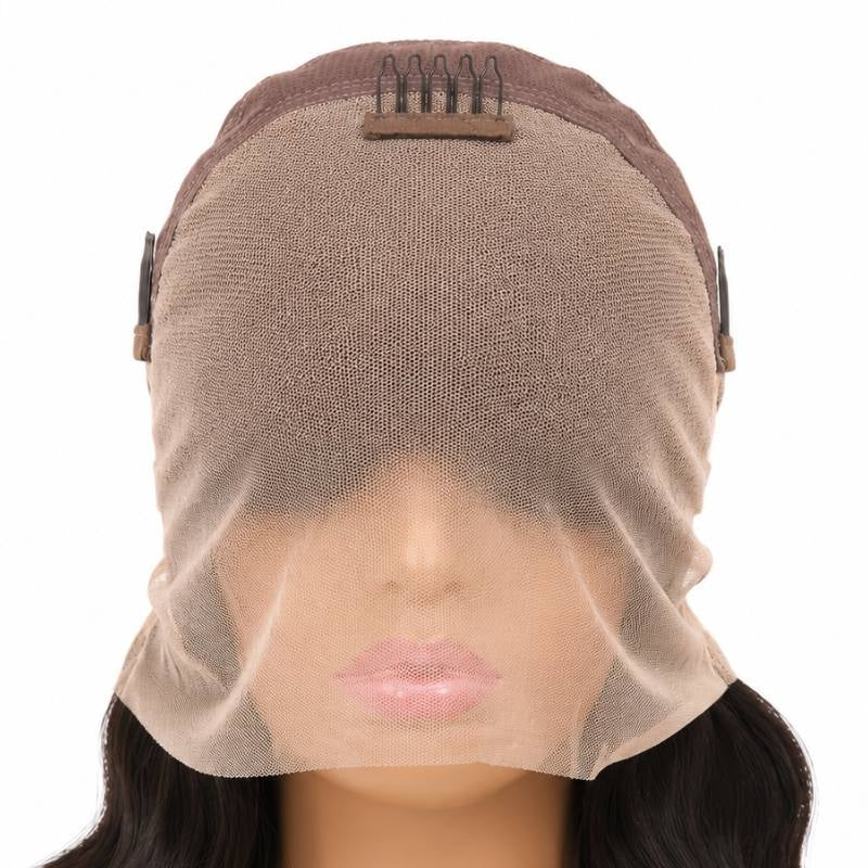 Body wave natural black human hair wig turned inside out over a mannequin face showing the full lace cap, a crown comb and side combs