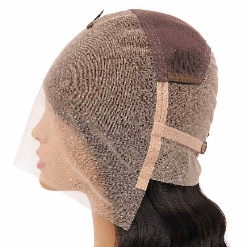 Side view of the inside cap on a body wave natural black human hair wig showing the full lace mesh, a stitched comb and adjustable strap