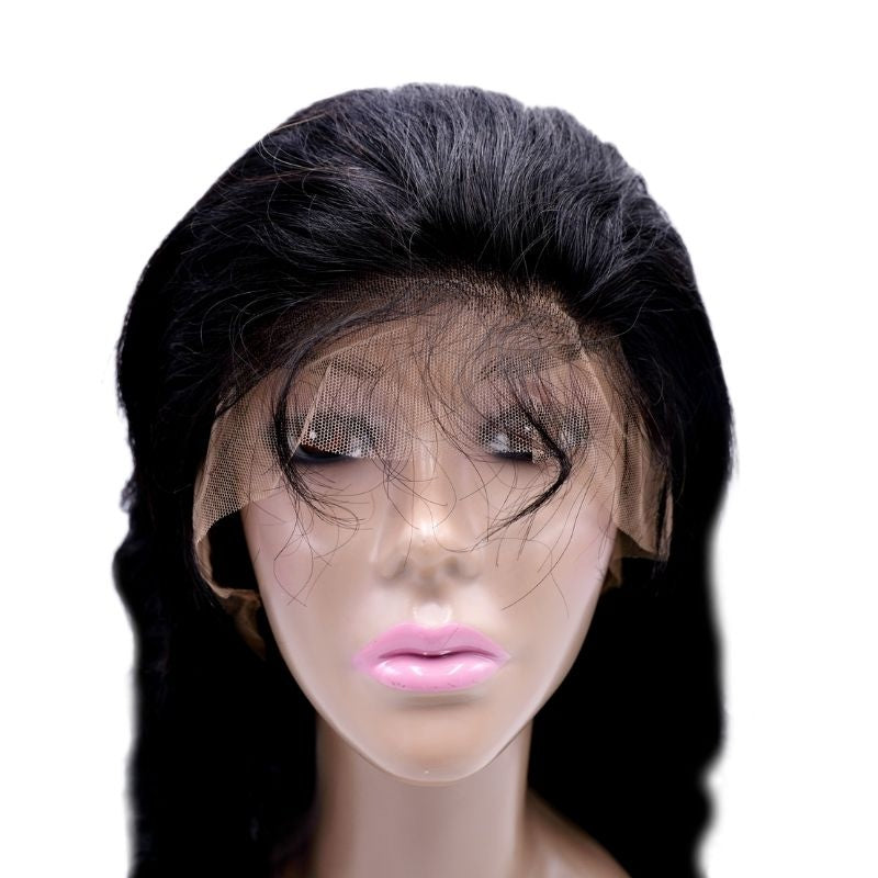Front view of a body wave natural black human hair wig on a mannequin with the transparent lace draped uncut over the face
