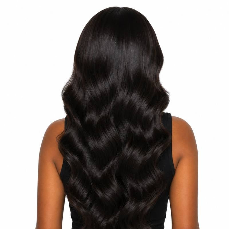 Back view of a model wearing a body wave natural black human hair wig showing the wave pattern running the full length