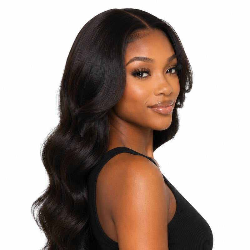 Model in a three quarter turn wearing a body wave natural black human hair wig with a middle part and waves down one shoulder