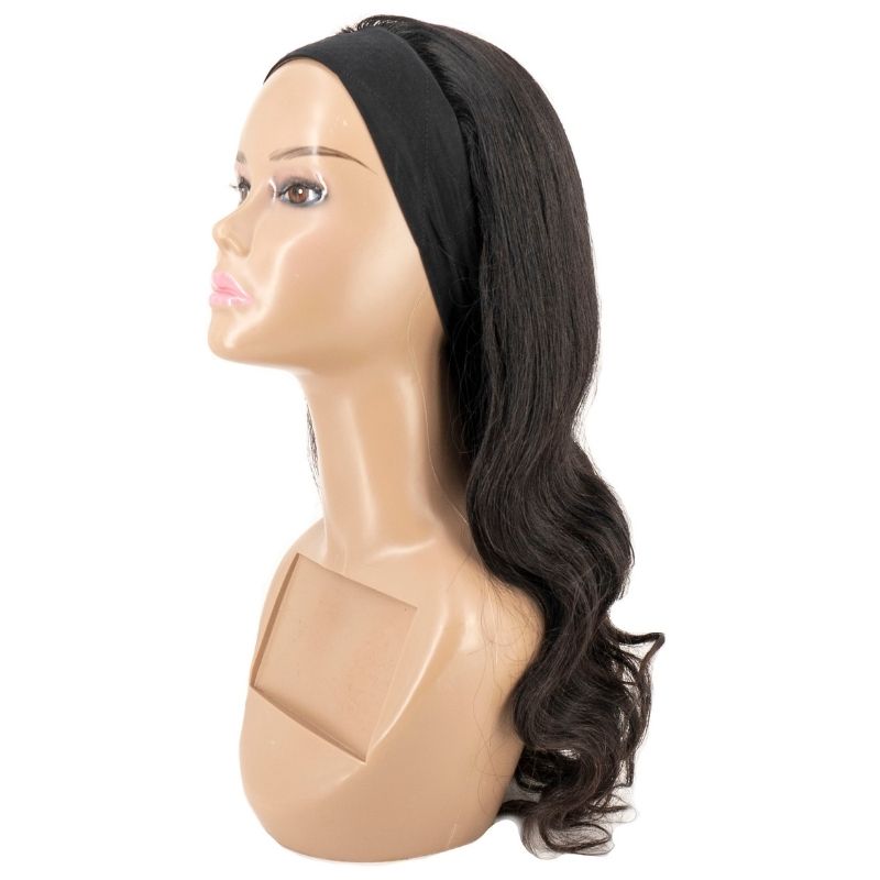 Human Hair Wig - Body Wave Headband Wig - Natural Black (1B) - side profile showing headband attachment