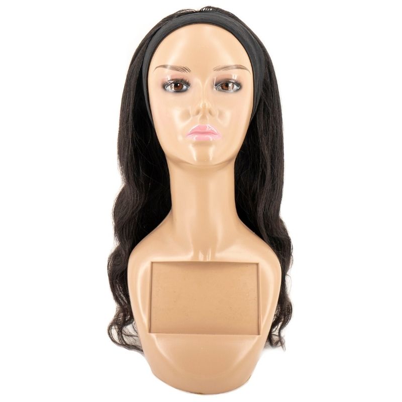 Human Hair Wig - Body Wave Headband Wig - Natural Black (1B) - front view on mannequin with headband