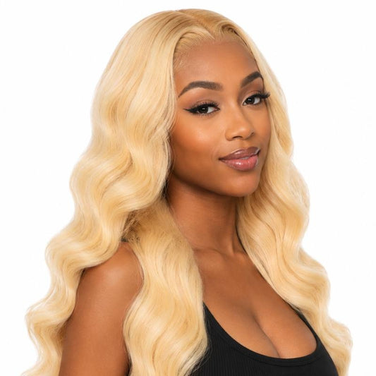 Blonde Body Wave Transparent Full Lace Wig - three-quarter view on model