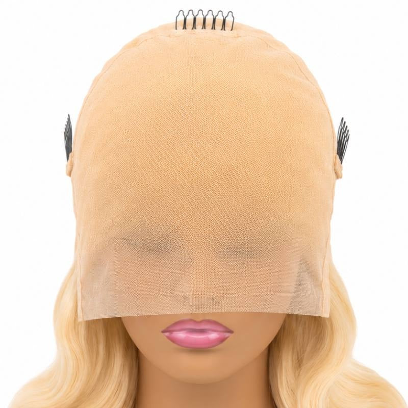Blonde Body Wave Transparent Full Lace Wig - lace cap front on mannequin