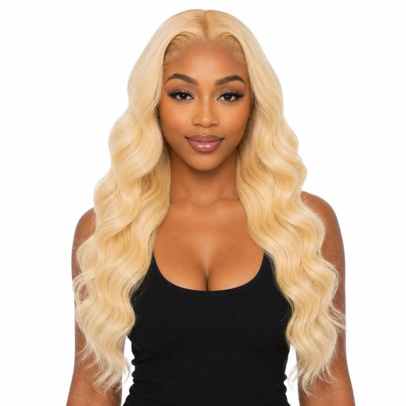 Blonde Body Wave Transparent Full Lace Wig - front view on model