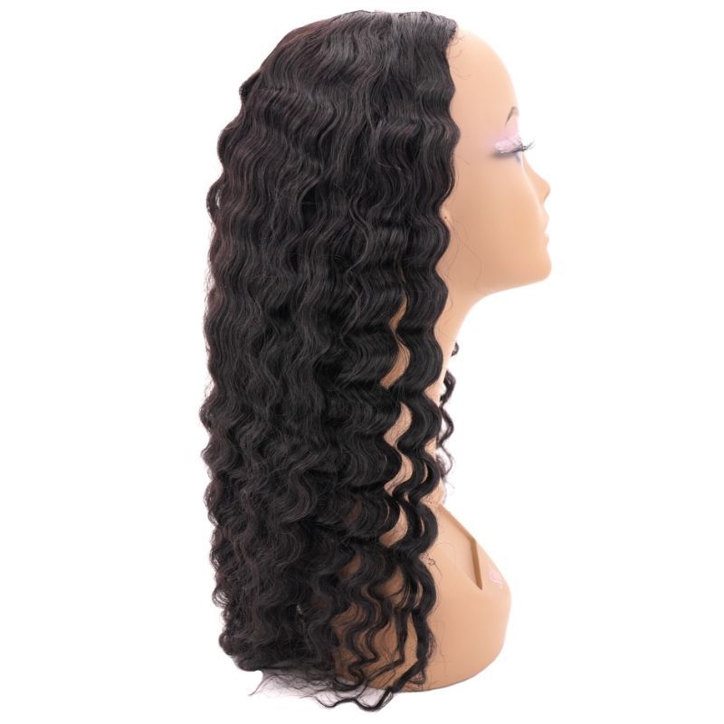 Human Hair Wig - Brazilian Deep Wave U-Part Wig - Natural Black (1B) - side profile showing deep wave curl pattern
