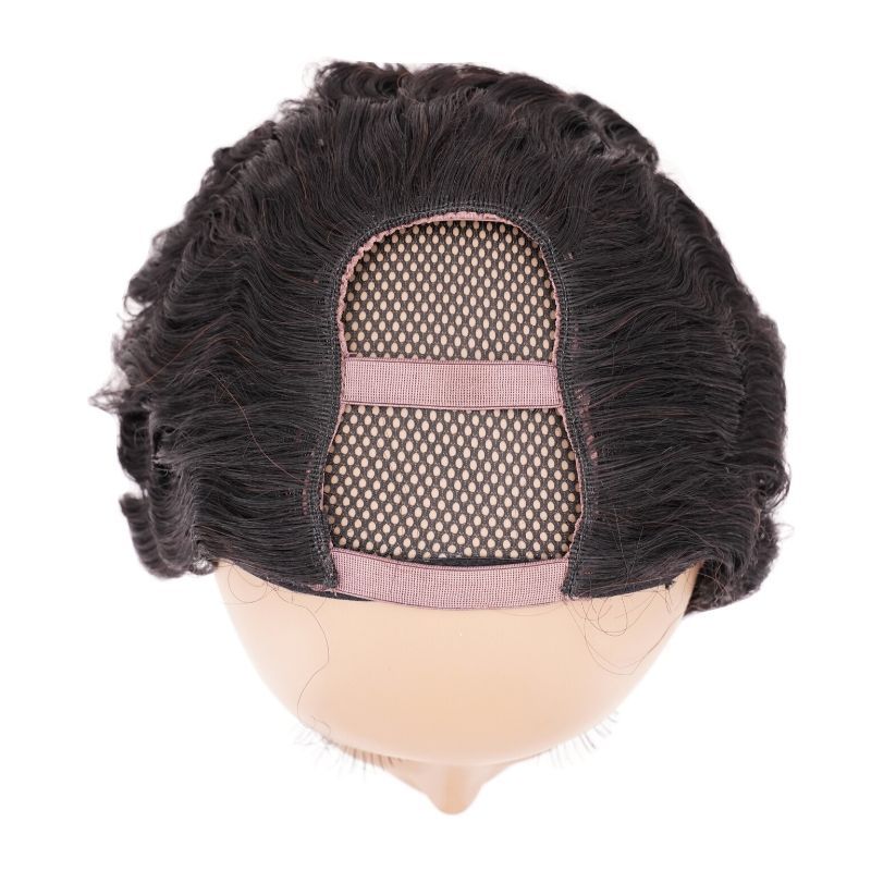 Human Hair Wig - Brazilian Deep Wave U-Part Wig - Natural Black (1B) - top view showing u-part opening for blending