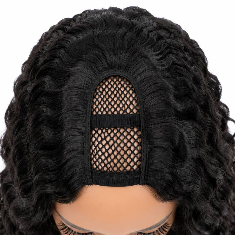 Macro view of the U part mesh panel at the crown of a natural black deep wave human hair wig with curls parted around the opening
