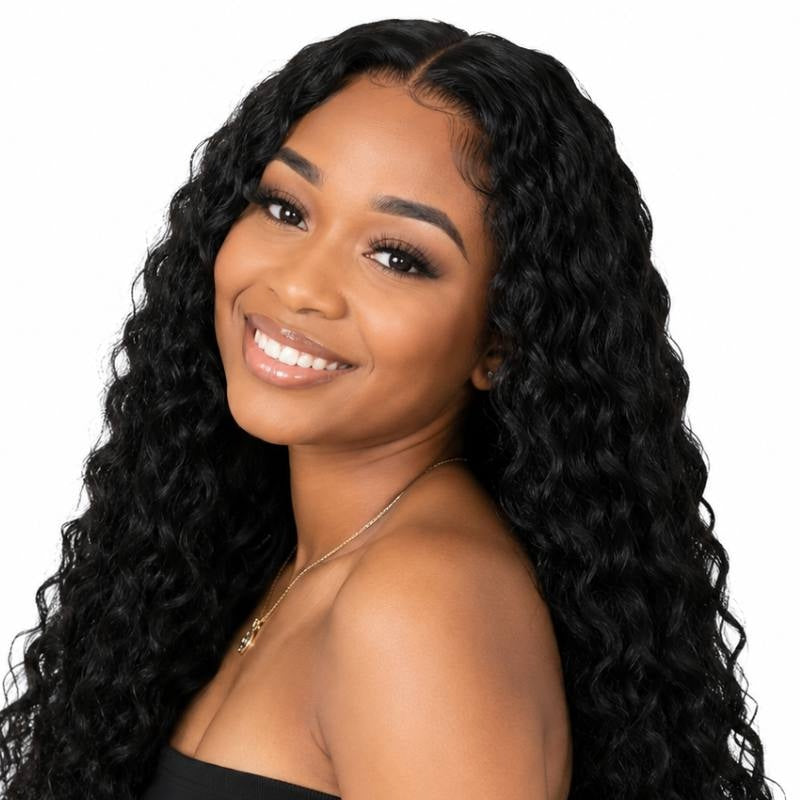 Close-up of a model wearing a natural black deep wave human hair wig with the middle part and curl pattern near the face in view