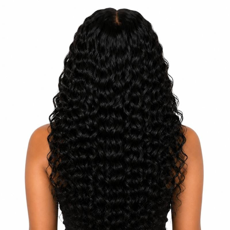 Back view of a model wearing a natural black deep wave human hair wig showing the curl pattern down the length of the hair