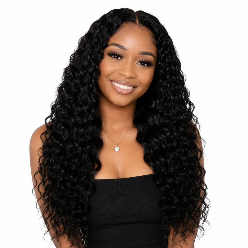 Model wearing a natural black deep wave human hair wig with a middle part and long defined curls falling past the chest