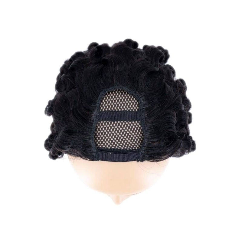 Top down view of a natural black deep wave human hair wig showing the U shaped mesh opening and elastic band at the crown