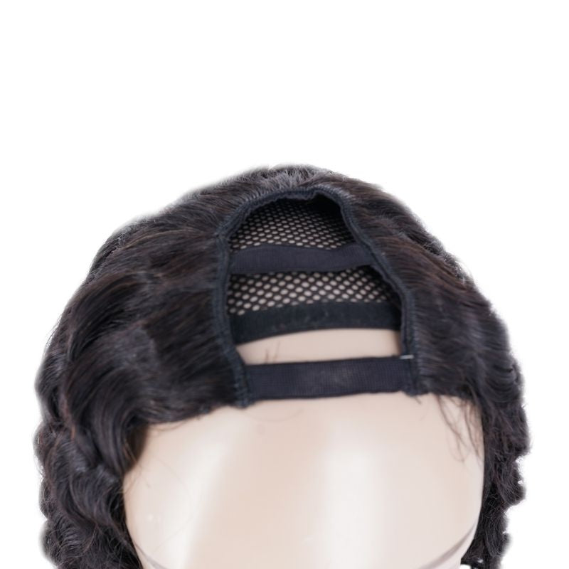 Close-up of the U part opening on a natural black deep wave human hair wig on a mannequin showing the mesh panel and elastic bands