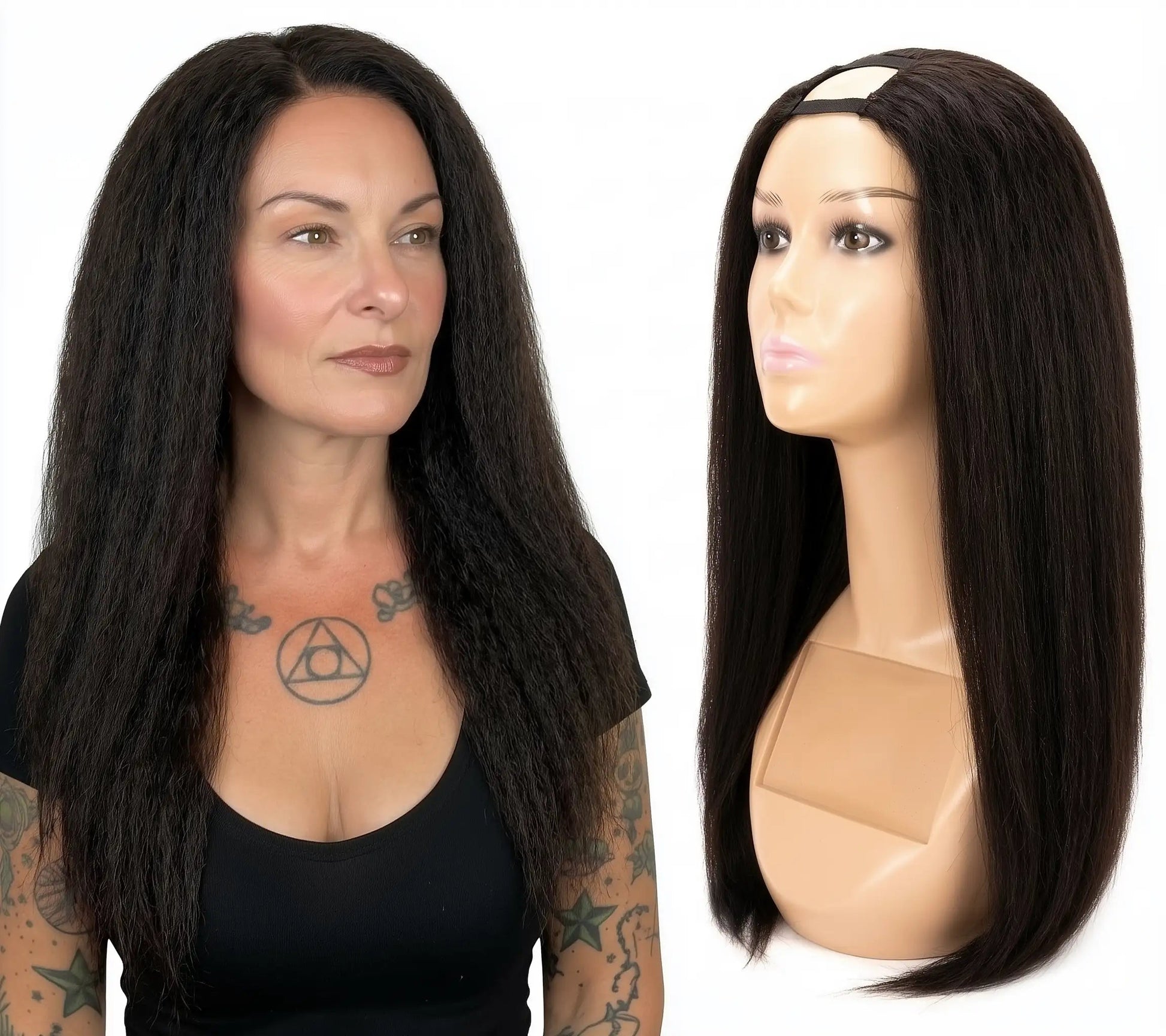 Human Hair Wig - Brazilian Kinky Straight U-Part Wig - Natural Black (1B) - model wearing and mannequin side by side