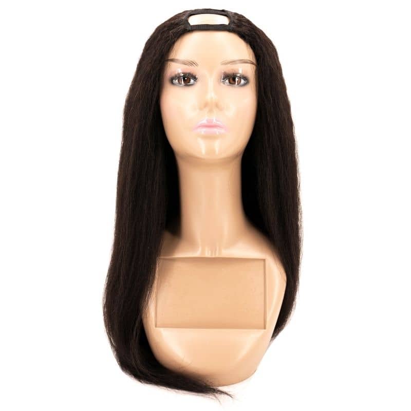 Human Hair Wig - Brazilian Kinky Straight U-Part Wig - Natural Black (1B) - front view on mannequin with u-part visible