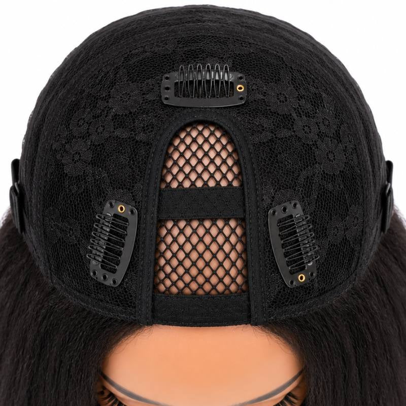 Cap of a natural black kinky straight human hair wig seen from above with the U shaped opening and snap clips around the lace