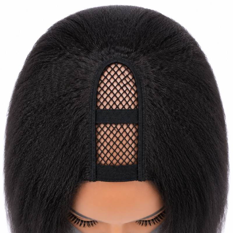 Close-up of the U part mesh panel at the crown of a natural black kinky straight human hair wig with the elastic band across it