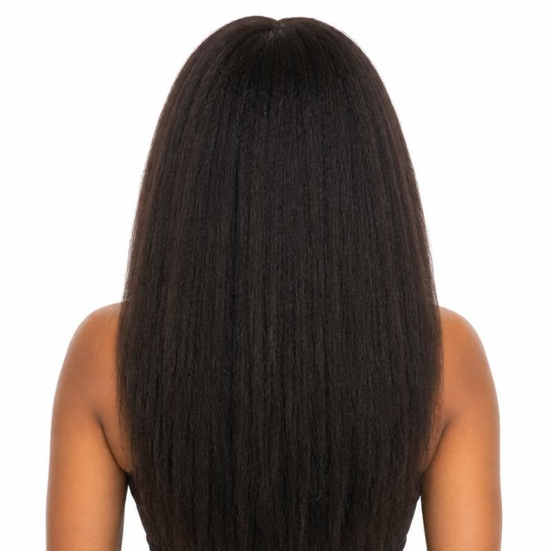 Back view of a model wearing a natural black kinky straight human hair wig with the hair falling straight down the back