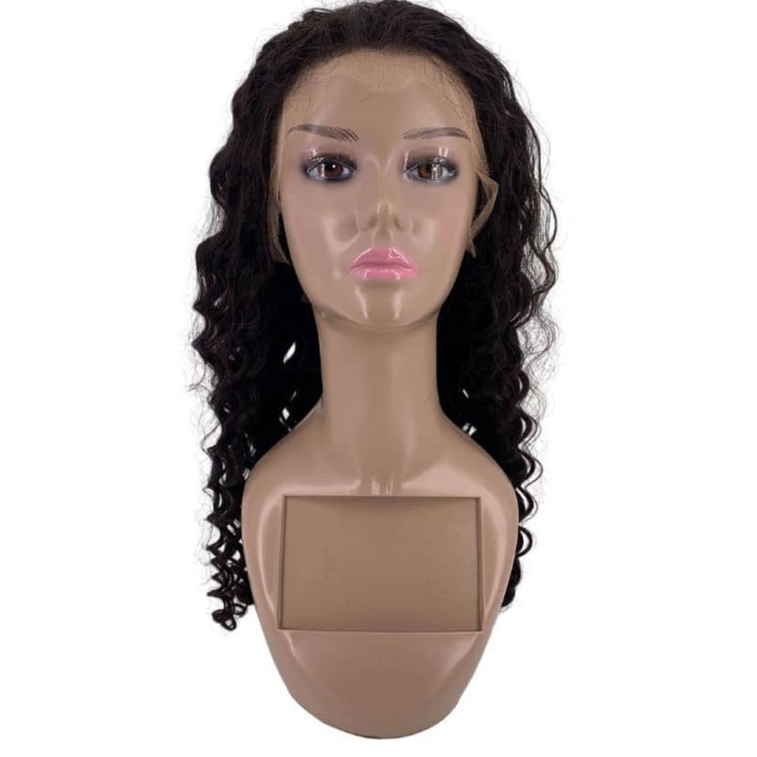 Human Hair Wig - Deep Wave 13x4 HD Lace Front Wig - Natural Black (1B) - front view on mannequin showing lace