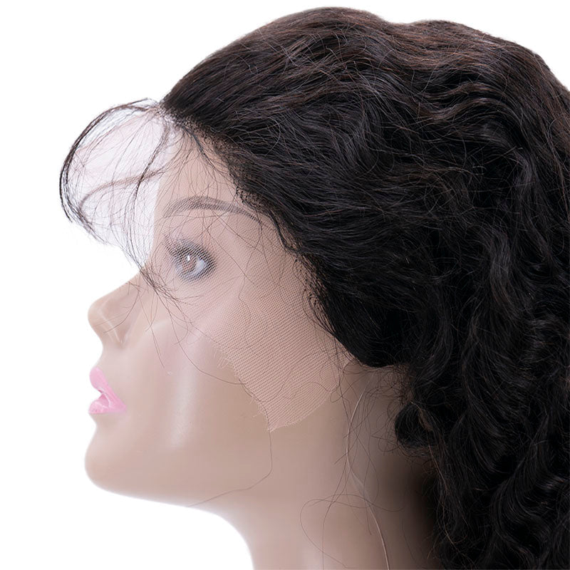 Human Hair Wig - Deep Wave 13x4 HD Lace Front Wig - Natural Black (1B) - lace hairline close-up detail