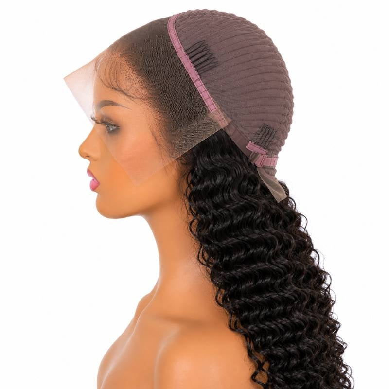 Side view of a natural black deep wave human hair wig on a mannequin showing the cap construction, combs and the uncut lace at the front