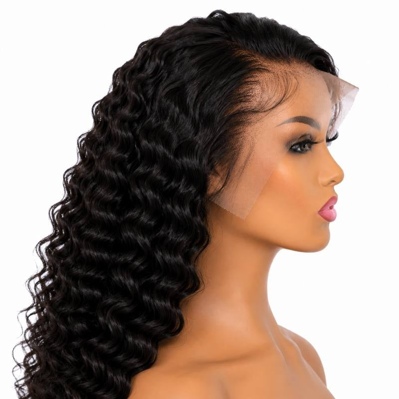 Natural black deep wave human hair wig on a mannequin in side profile with the uncut lace still extending beyond the hairline
