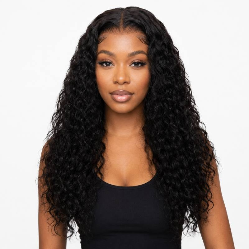 Model wearing a natural black deep wave human hair wig with a middle part and the HD lace front hairline framing the face