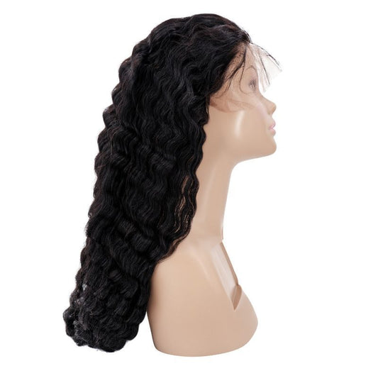 Human Hair Wig - Deep Wave 13x4 Transparent Lace Front Wig - Natural Black (1B) - side profile on mannequin