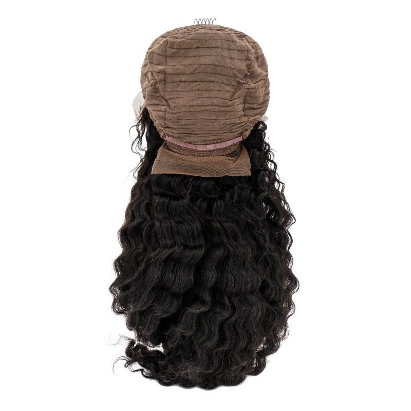 Human Hair Wig - Deep Wave 13x4 Transparent Lace Front Wig - Natural Black (1B) - back view showing interior cap