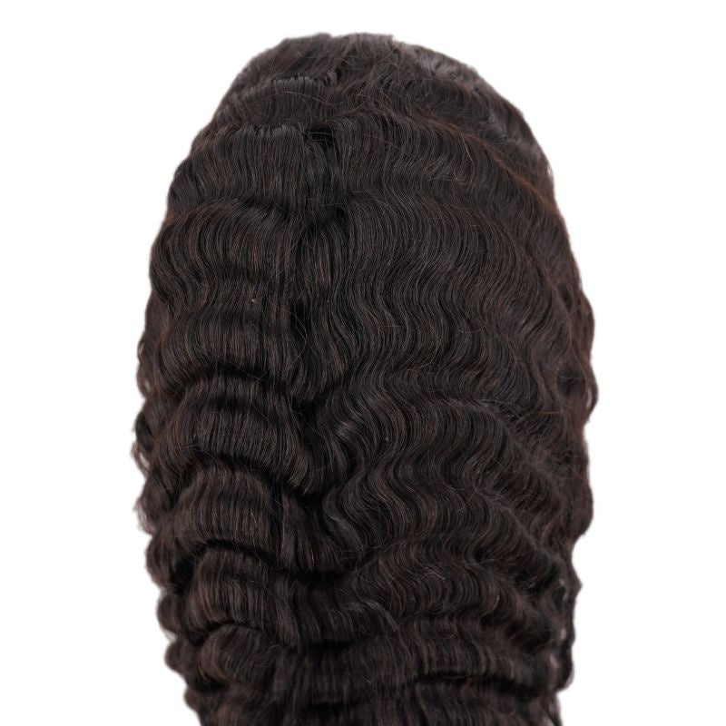 Close-up of the back of a natural black deep wave human hair wig showing the wave pattern across the crown and nape