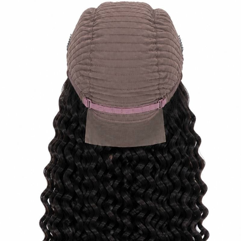 Back of the cap on a natural black deep wave human hair wig showing the adjustable strap and the stitched dome above the curls