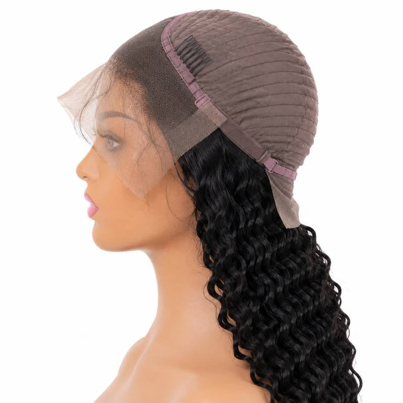 Cap of a natural black deep wave human hair wig turned back on a mannequin to show a comb, the adjustable strap and the lace at the front