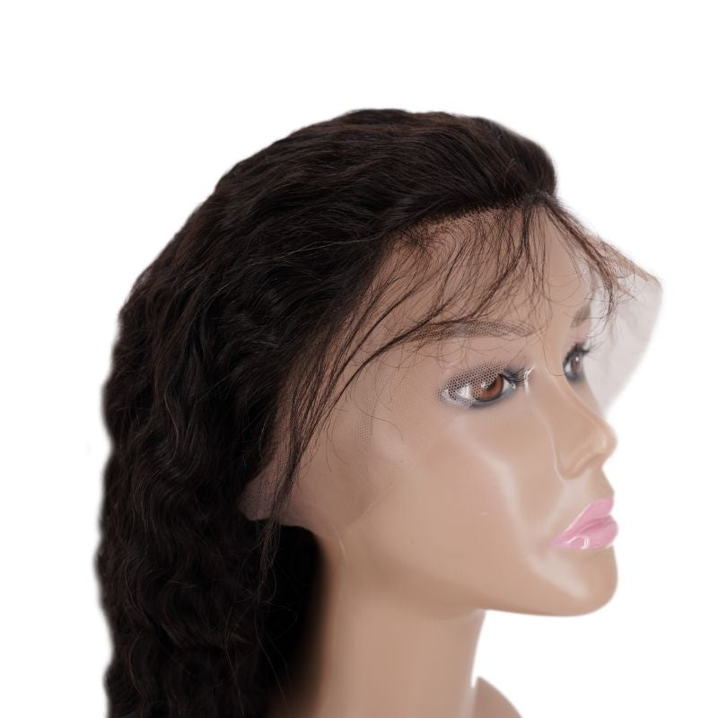 Close-up of the transparent lace hairline on a natural black deep wave human hair wig fitted to a mannequin head