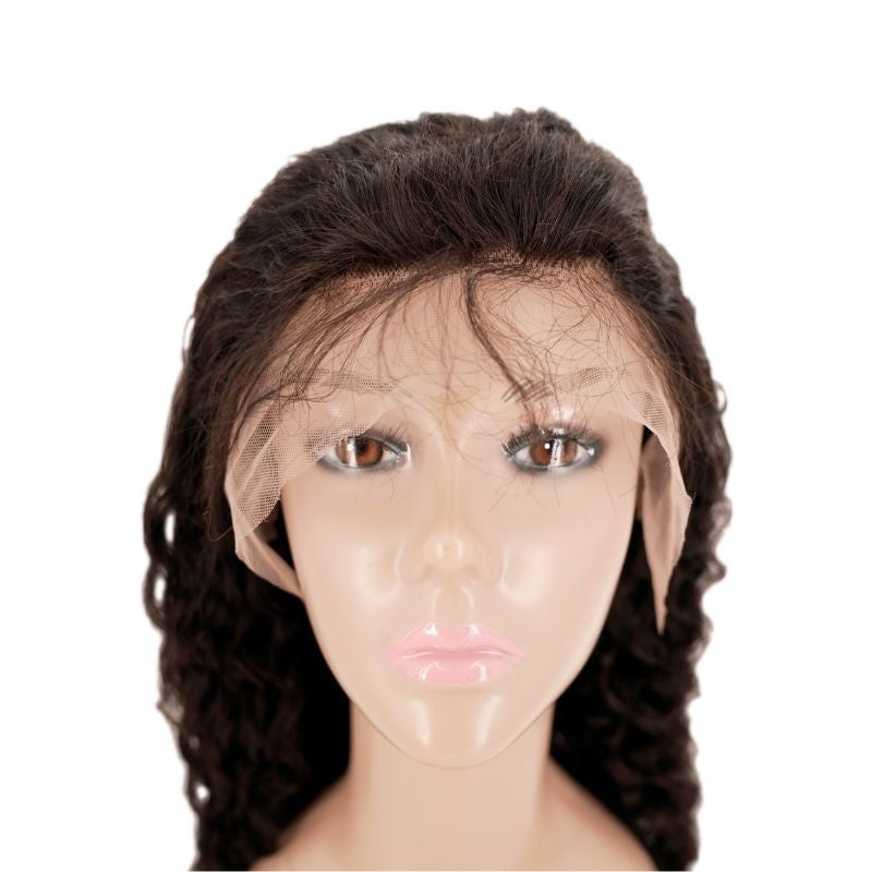 Front view of a natural black deep wave human hair wig on a mannequin with the uncut transparent lace laid across the forehead