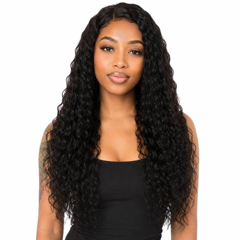 Model wearing a natural black deep wave human hair wig with a middle part and long curls reaching the waist