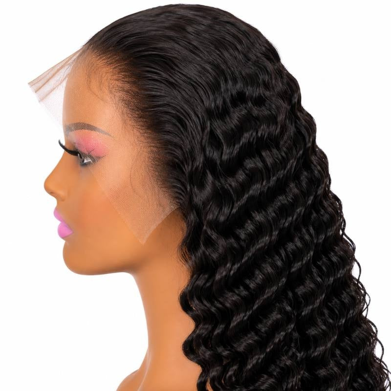 Natural black deep wave human hair wig on a mannequin in profile showing the HD lace hairline with the lace still uncut