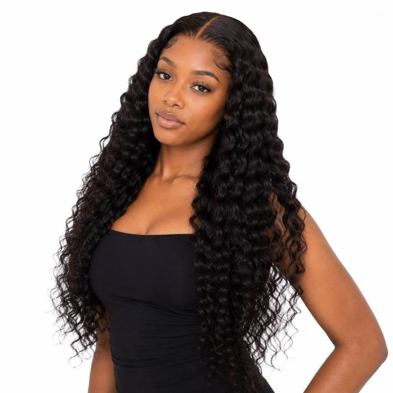 Model wearing a natural black deep wave human hair wig with a middle part and the invisible hairline sitting flat at the forehead